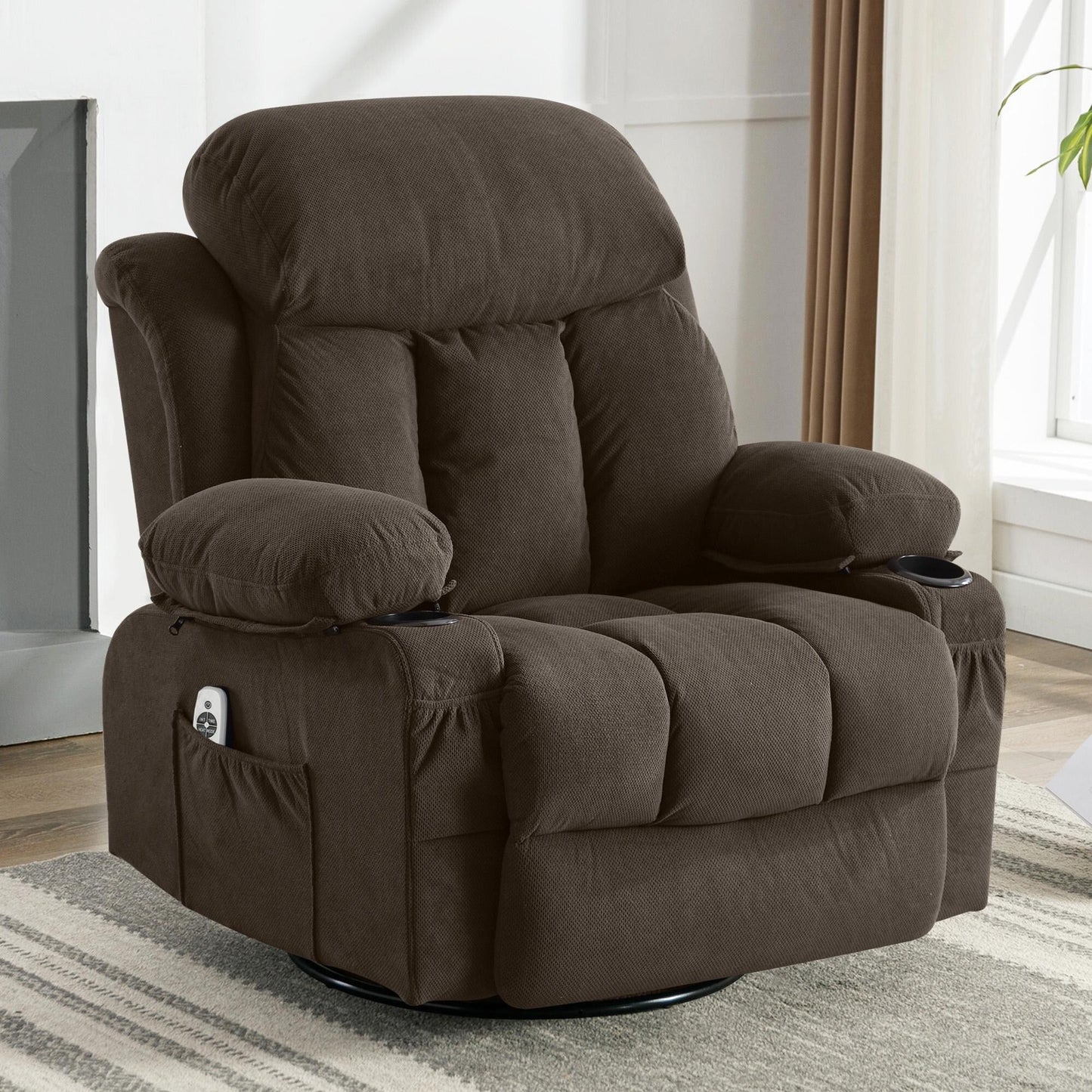 Fauteuil massant chauffant pivotant, avec port USB et 2 porte-gobelets dans les poches latérales
