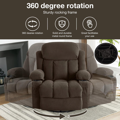 Fauteuil massant chauffant pivotant, avec port USB et 2 porte-gobelets dans les poches latérales