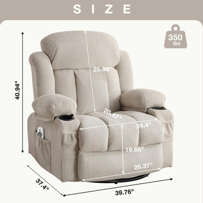 Fauteuil massant chauffant pivotant, avec port USB et 2 porte-gobelets dans les poches latérales