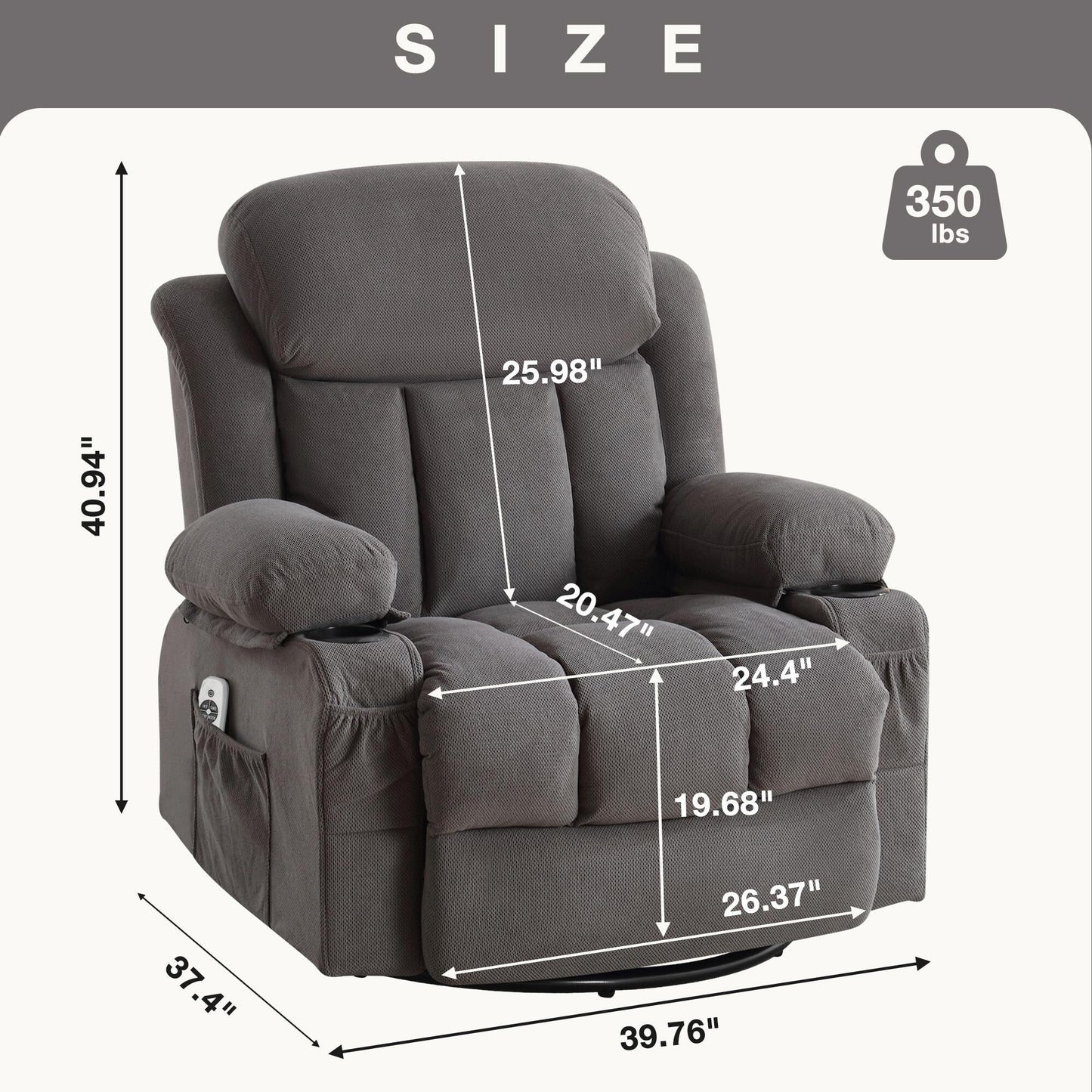 Fauteuil massant chauffant pivotant, avec port USB et 2 porte-gobelets dans les poches latérales