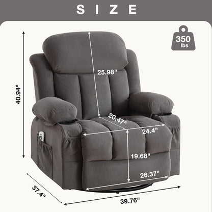 Fauteuil massant chauffant pivotant, avec port USB et 2 porte-gobelets dans les poches latérales