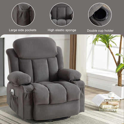 Fauteuil massant chauffant pivotant, avec port USB et 2 porte-gobelets dans les poches latérales