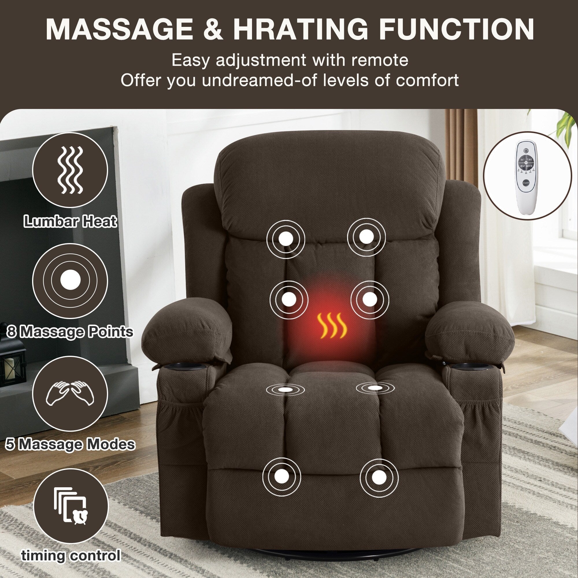Canapé chauffant de massage inclinable pivotant, avec USB et 2 porte-gobelets dans les poches latérales