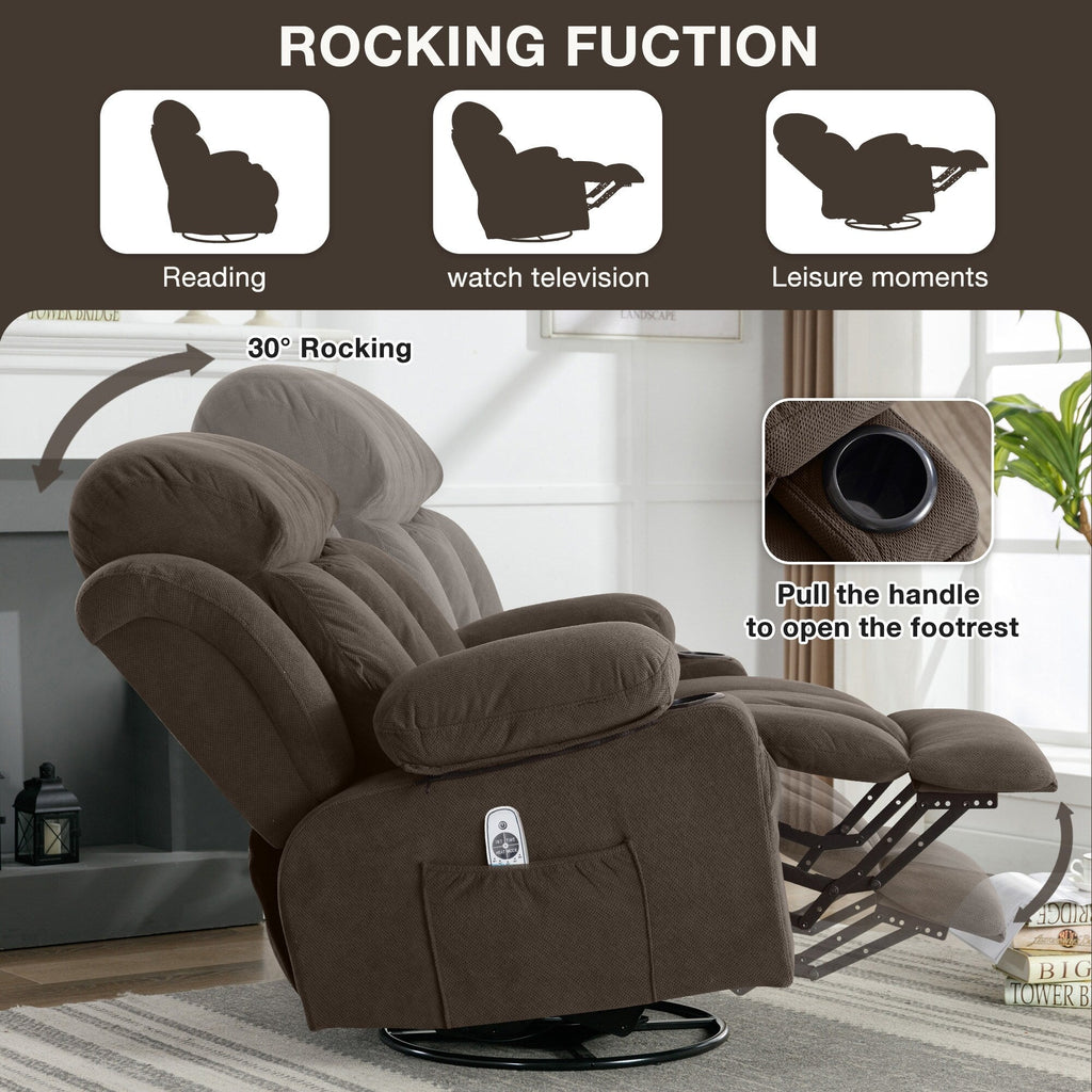 Canapé chauffant de massage inclinable pivotant, avec USB et 2 porte-gobelets dans les poches latérales