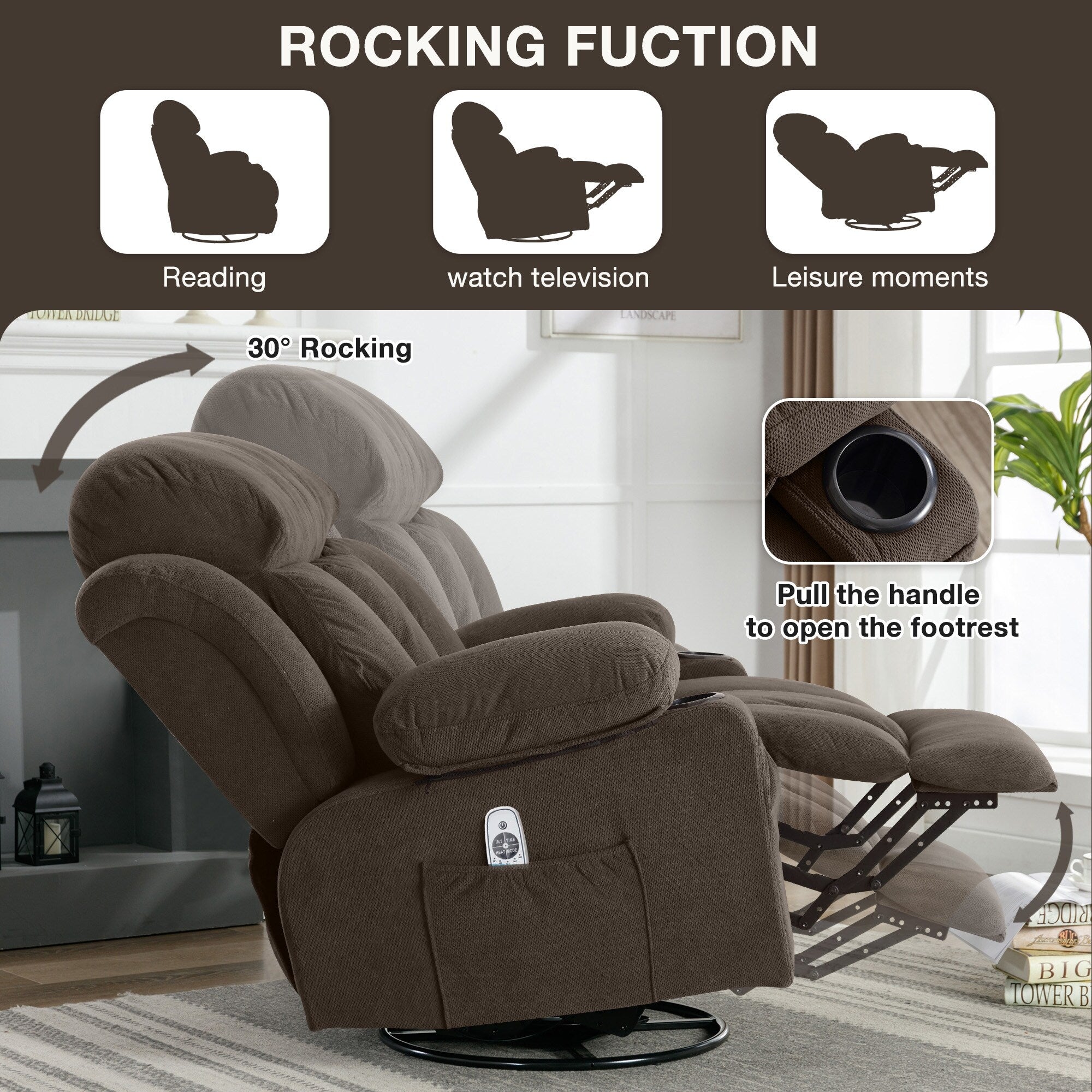 Canapé chauffant de massage inclinable pivotant, avec USB et 2 porte-gobelets dans les poches latérales