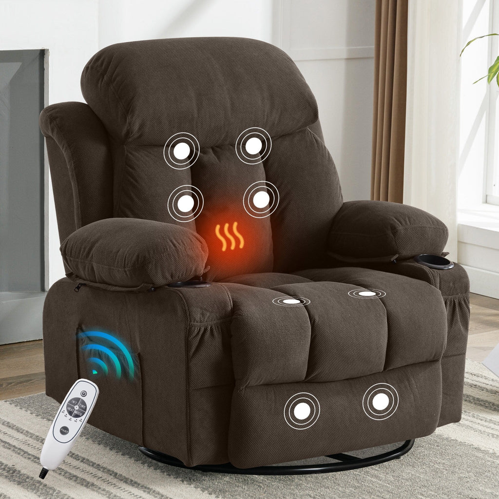 Canapé chauffant de massage inclinable pivotant, avec USB et 2 porte-gobelets dans les poches latérales