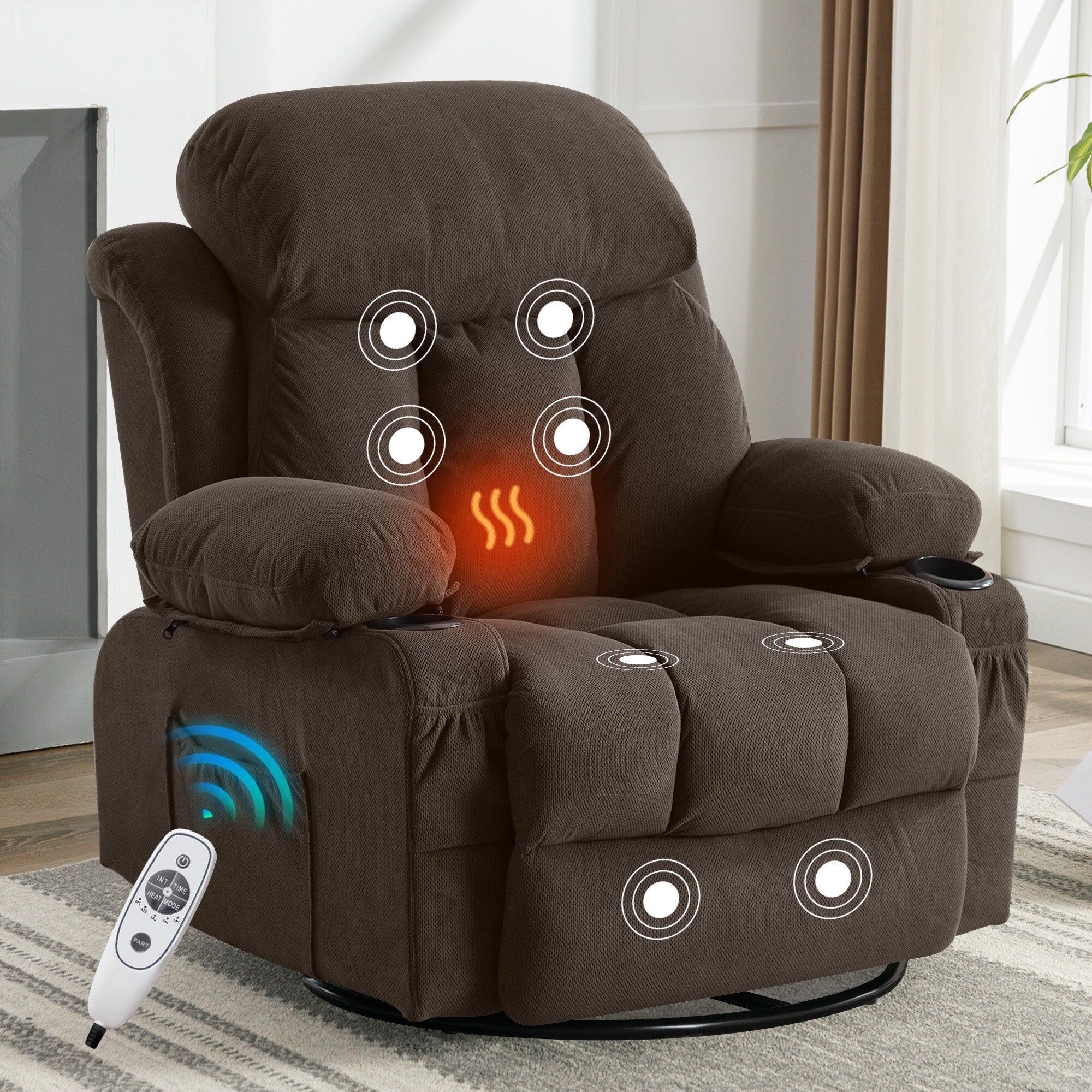Canapé chauffant de massage inclinable pivotant, avec USB et 2 porte-gobelets dans les poches latérales