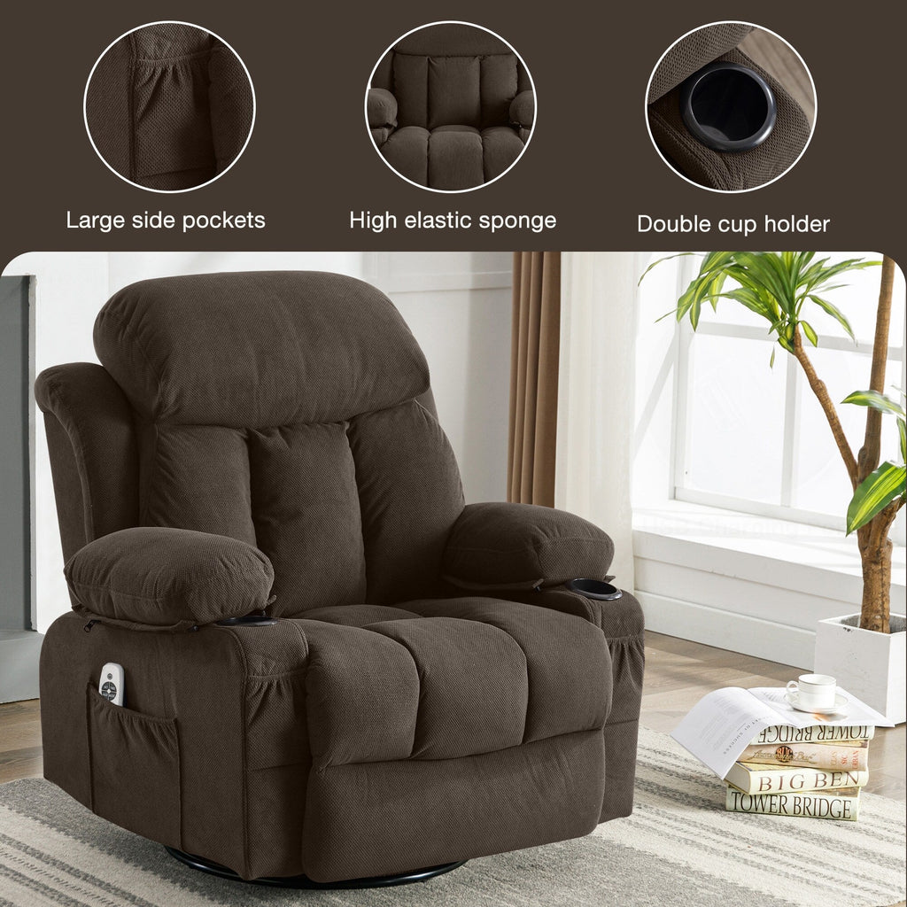 Canapé chauffant de massage inclinable pivotant, avec USB et 2 porte-gobelets dans les poches latérales