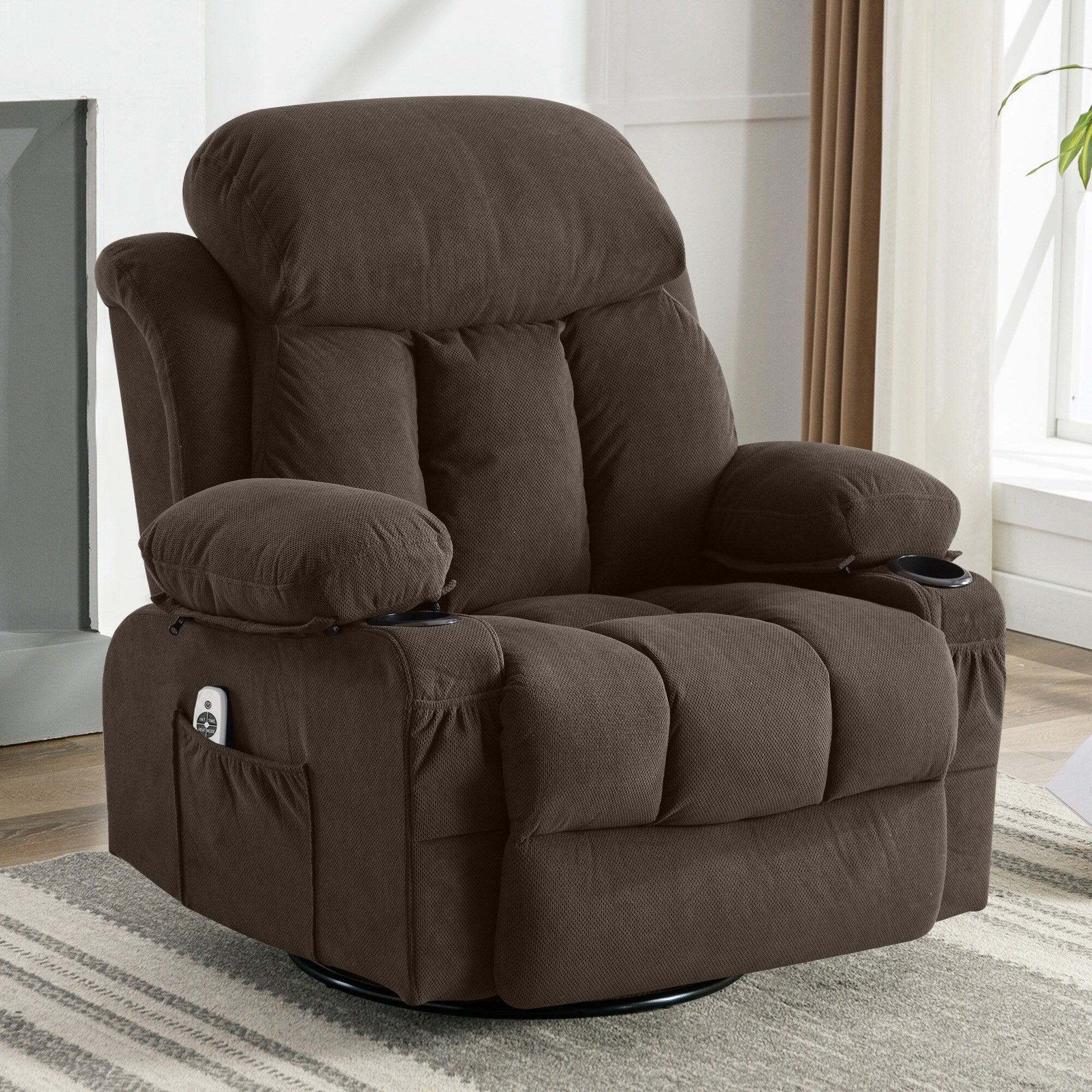 Canapé chauffant de massage inclinable pivotant, avec USB et 2 porte-gobelets dans les poches latérales