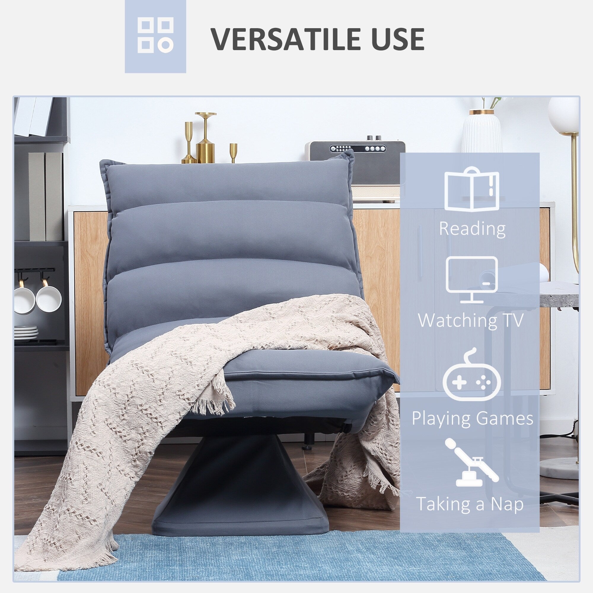 Fauteuil de sol pivotant, fauteuil inclinable à dossier capitonné, fauteuil de jeu en microfibre, fauteuil de salon sans accoudoirs avec dossier réglable