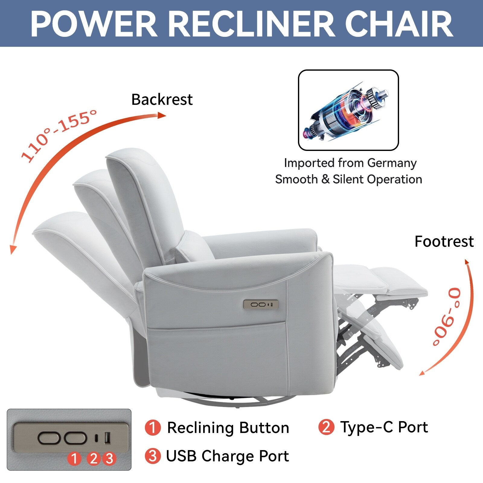 Fauteuil inclinable pivotant, fauteuil inclinable électrique à bascule avec ports USB et Type-C, canapé simple de salon, fauteuil à bascule planeur pour chambre d'enfant