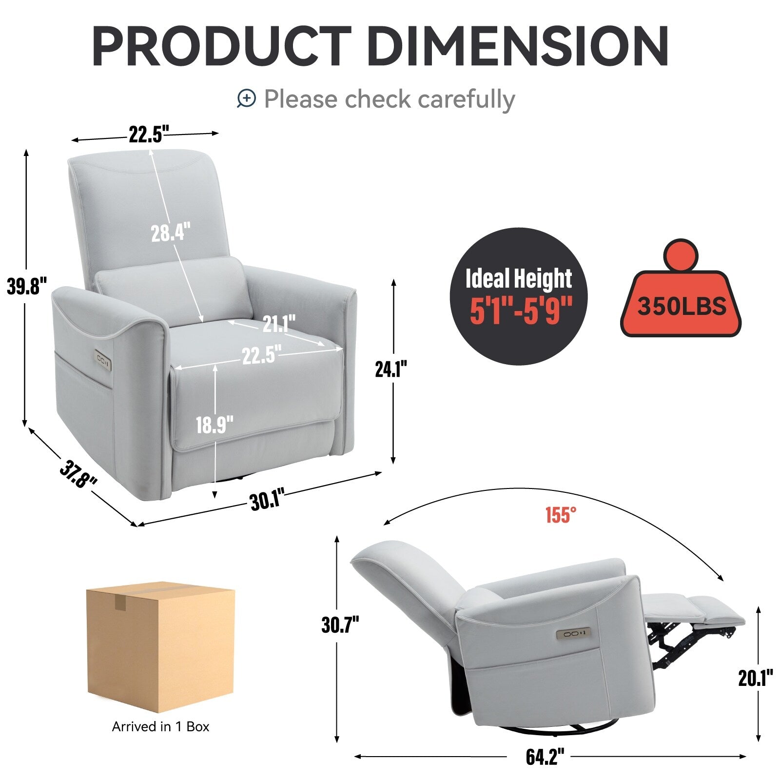 Fauteuil inclinable pivotant, fauteuil inclinable électrique à bascule avec ports USB et Type-C, canapé simple de salon, fauteuil à bascule planeur pour chambre d'enfant