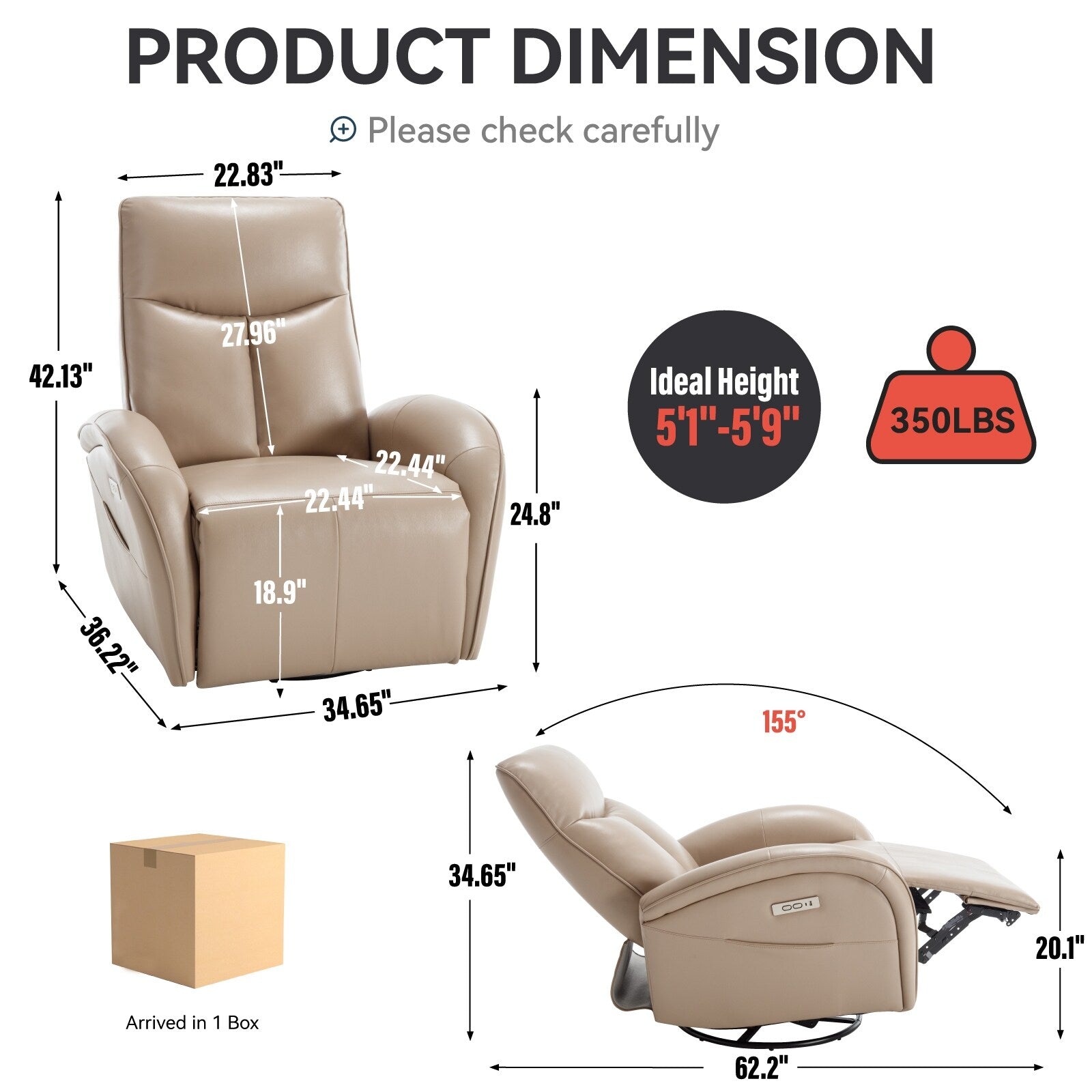 Fauteuil inclinable pivotant à bascule et électrique, mécanisme de mouvement robuste, avec support lombaire, USB et Type-C