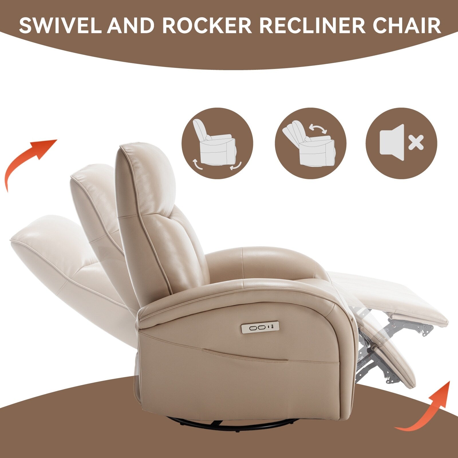 Fauteuil inclinable pivotant à bascule et électrique, mécanisme de mouvement robuste, avec support lombaire, USB et Type-C
