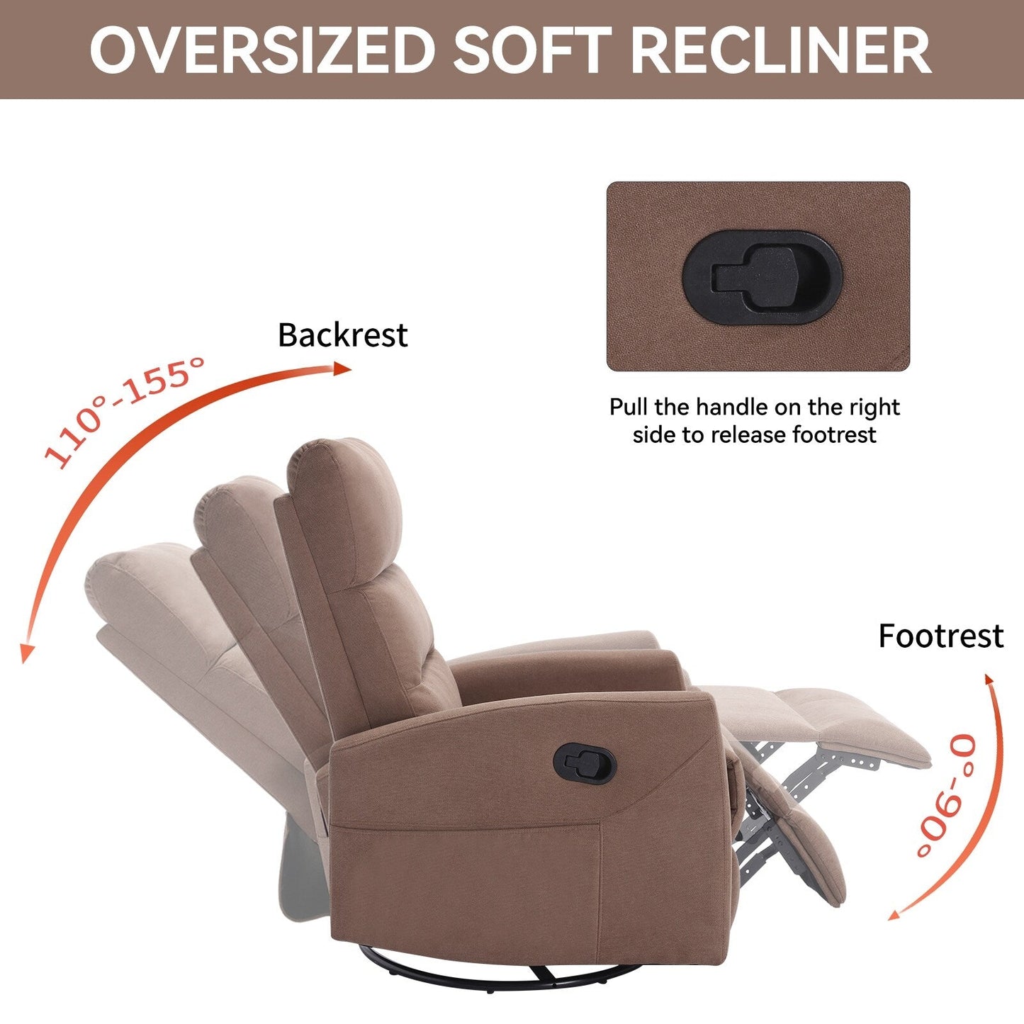 Fauteuil inclinable pivotant à bascule avec inclinaison à 155° et assemblage sans outil