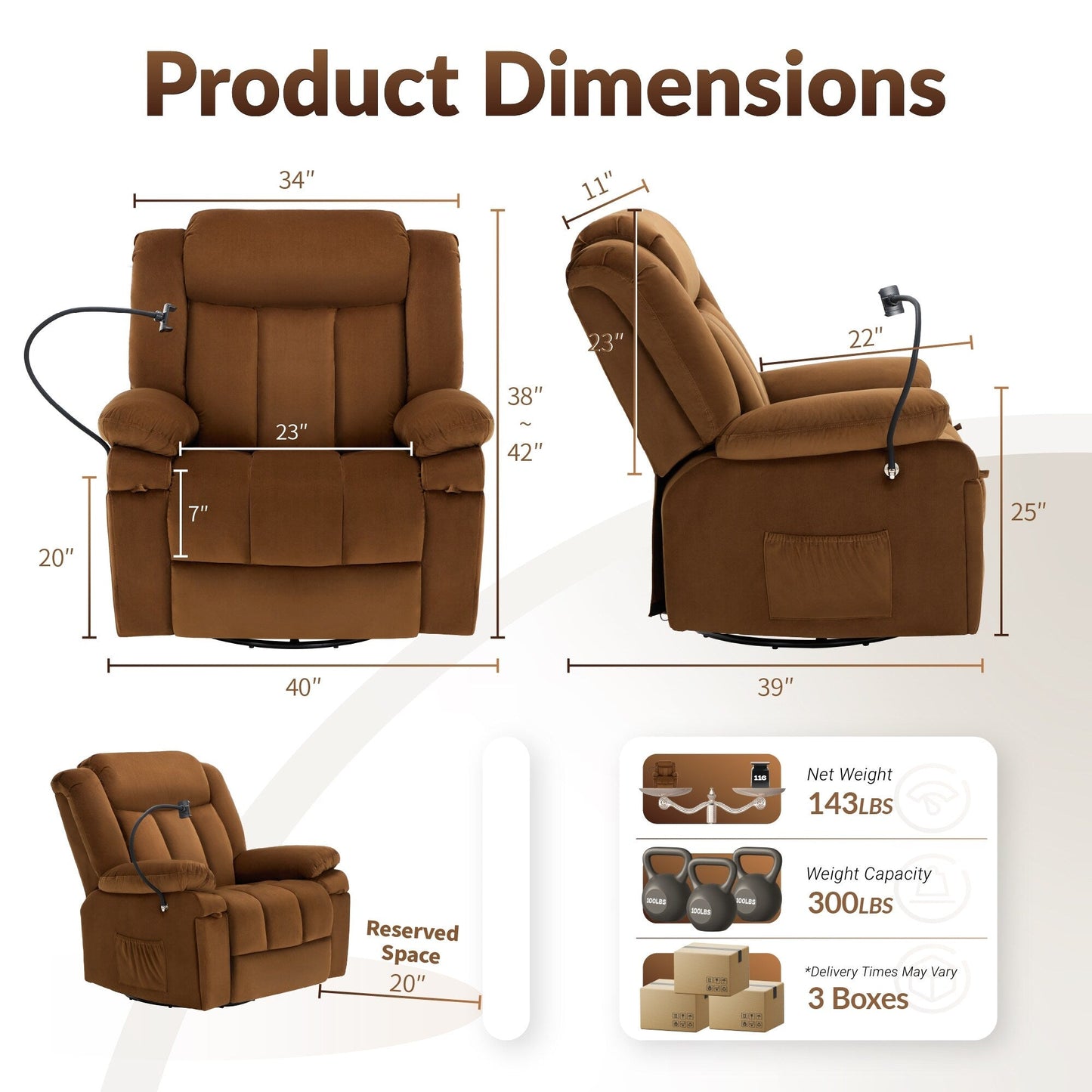 Fauteuil inclinable pivotant à bascule avec massage, chauffage et support pour téléphone – Idéal pour le salon, le bureau, la chambre