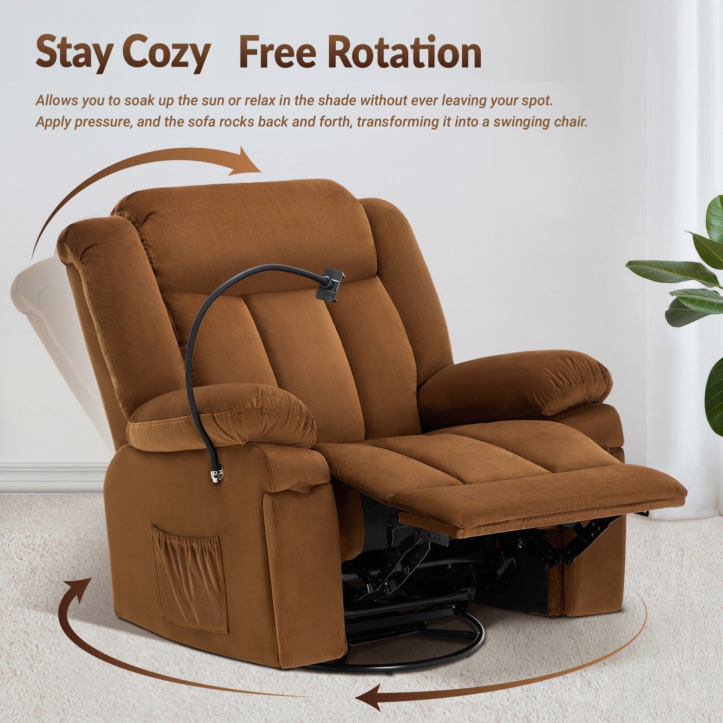 Fauteuil inclinable pivotant à bascule avec massage, chauffage et support pour téléphone – Idéal pour le salon, le bureau, la chambre