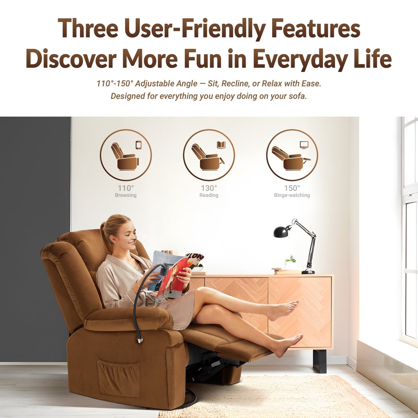 Fauteuil inclinable pivotant à bascule avec massage, chauffage et support pour téléphone – Idéal pour le salon, le bureau, la chambre