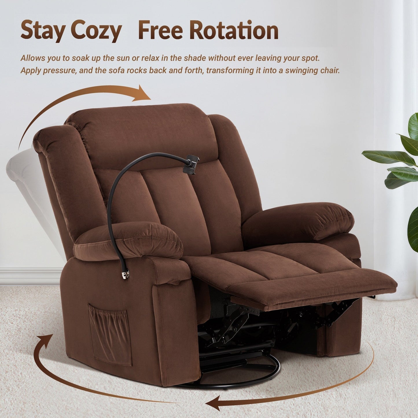 Fauteuil inclinable pivotant à bascule avec massage, chauffage et support pour téléphone – Idéal pour le salon, le bureau, la chambre