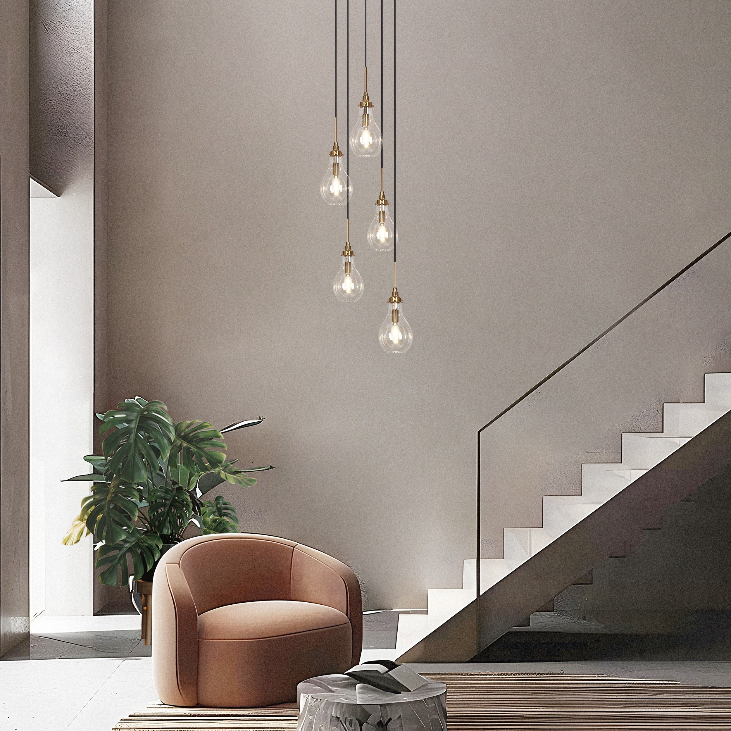 Synia Lustre moderne en verre à 5 lumières en forme de larme pour escalier, entrée, haut plafond - 15'' x 18,2-74,2''