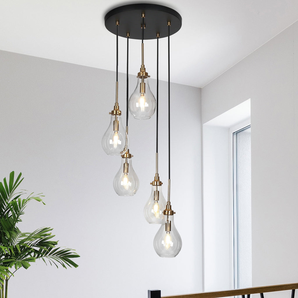 Synia Lustre moderne en verre à 5 lumières en forme de larme pour escalier, entrée, haut plafond - 15'' x 18,2-74,2''
