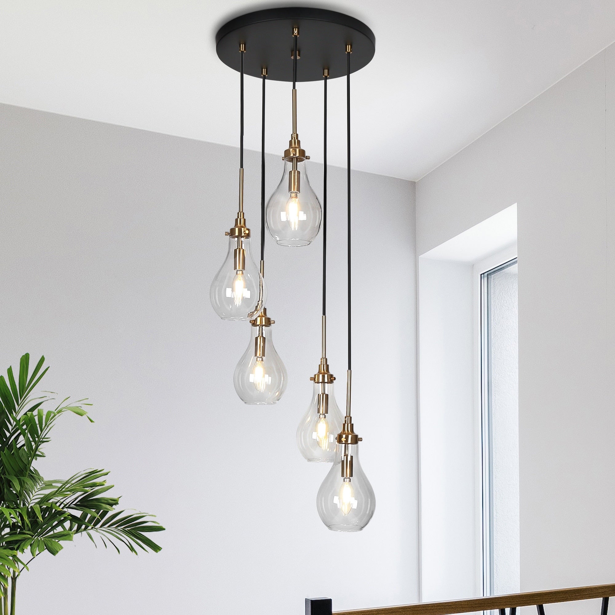 Synia Lustre moderne en verre à 5 lumières en forme de larme pour escalier, entrée, haut plafond - 15'' x 18,2-74,2''