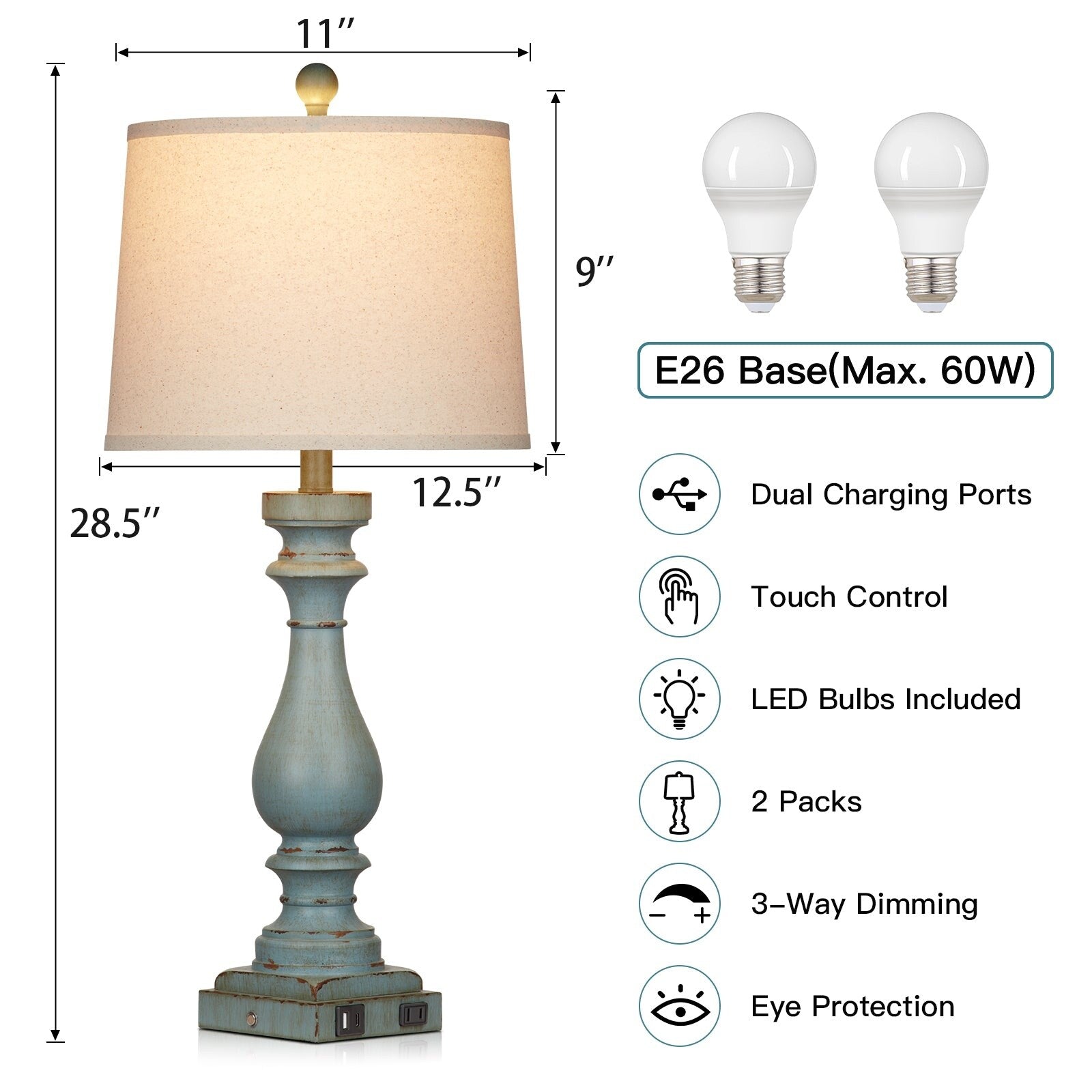 Lampe de table en résine bleue, abat-jour incliné, variateur d'intensité à 3 positions, interrupteur tactile, ports de charge USB Type-C, prise secteur, sans stroboscope (lot de 2)