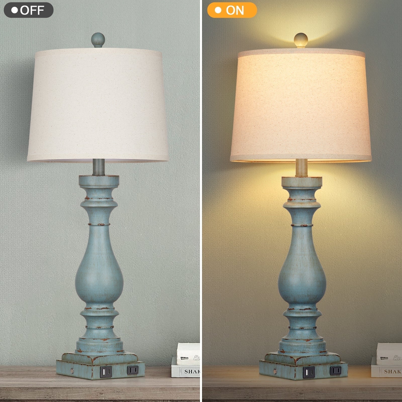 Lampe de table en résine bleue, abat-jour incliné, variateur d'intensité à 3 positions, interrupteur tactile, ports de charge USB Type-C, prise secteur, sans stroboscope (lot de 2)