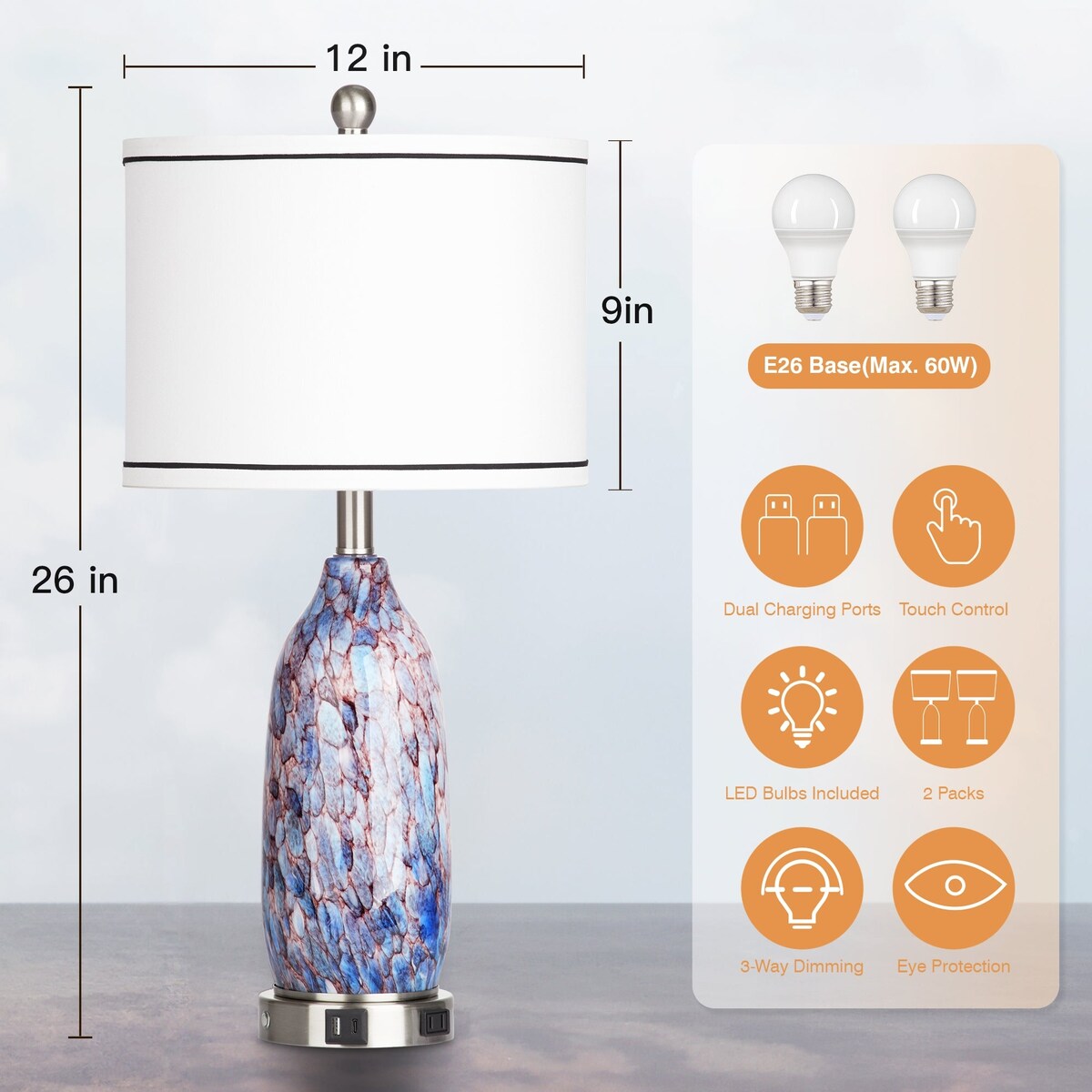 Lampe de table avec veilleuse 2 en 1 en verre indigo, ports de charge, prise secteur, abat-jour tambour, interrupteur tactile (lot de 2)