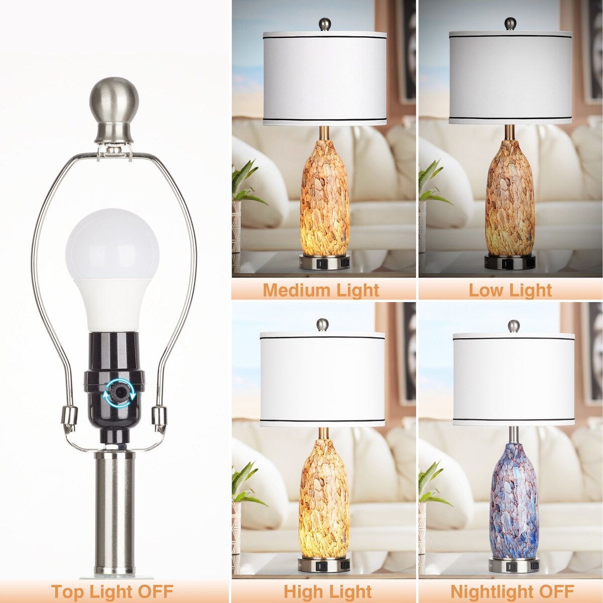 Lampe de table avec veilleuse 2 en 1 en verre indigo, ports de charge, prise secteur, abat-jour tambour, interrupteur tactile (lot de 2)