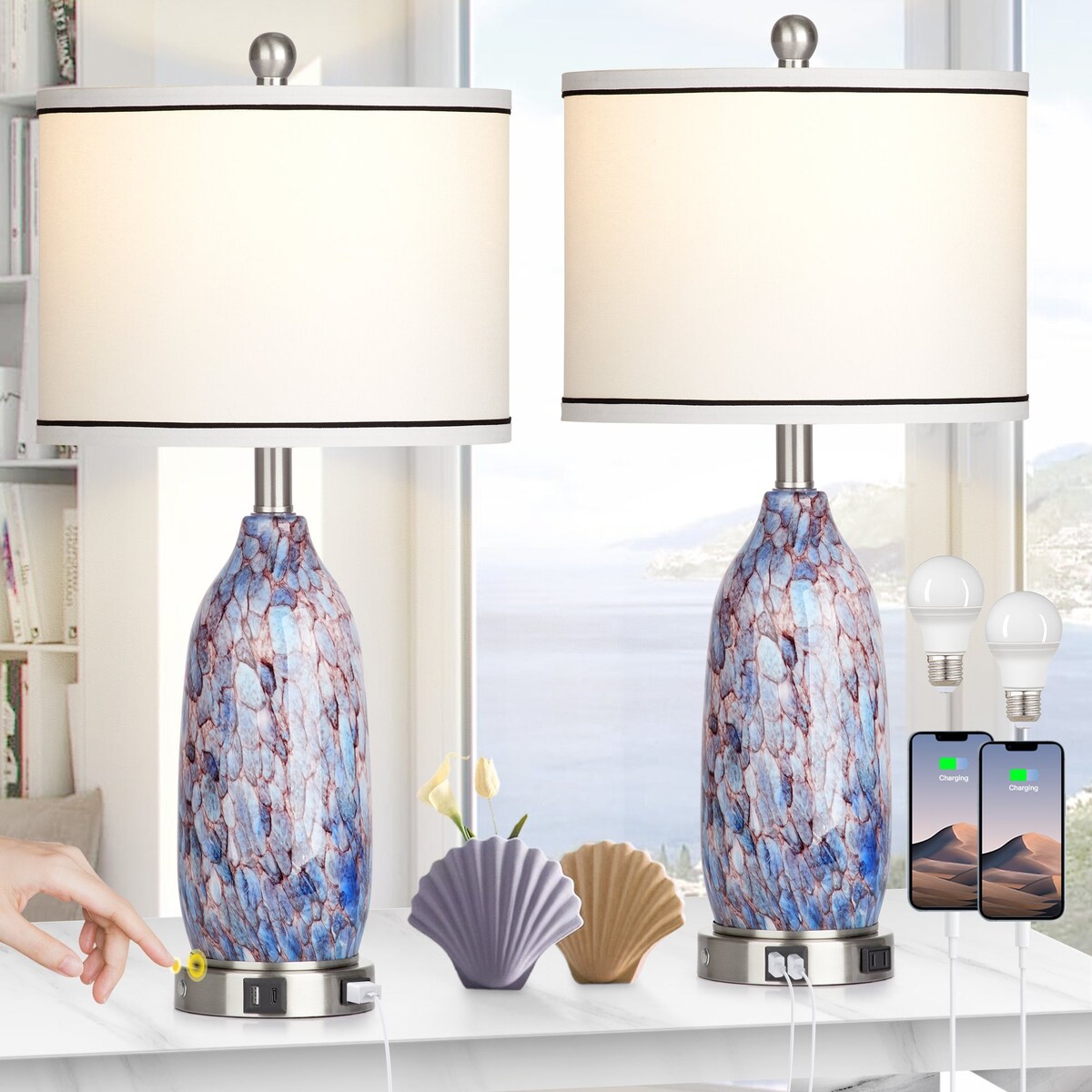 Lampe de table avec veilleuse 2 en 1 en verre indigo, ports de charge, prise secteur, abat-jour tambour, interrupteur tactile (lot de 2)