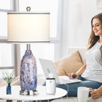 Lampe de table avec veilleuse 2 en 1 en verre indigo, ports de charge, prise secteur, abat-jour tambour, interrupteur tactile (lot de 2)