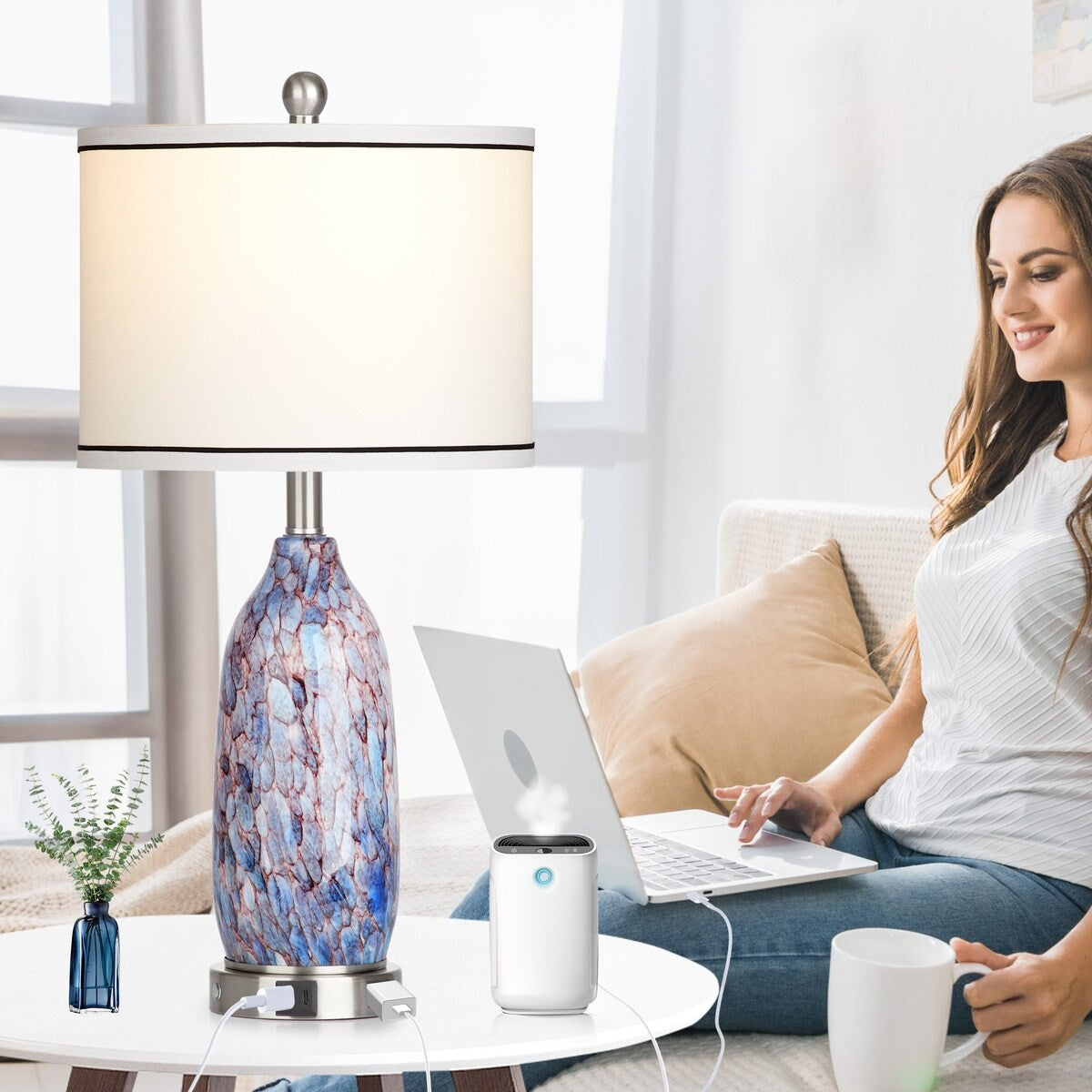 Lampe de table avec veilleuse 2 en 1 en verre indigo, ports de charge, prise secteur, abat-jour tambour, interrupteur tactile (lot de 2)