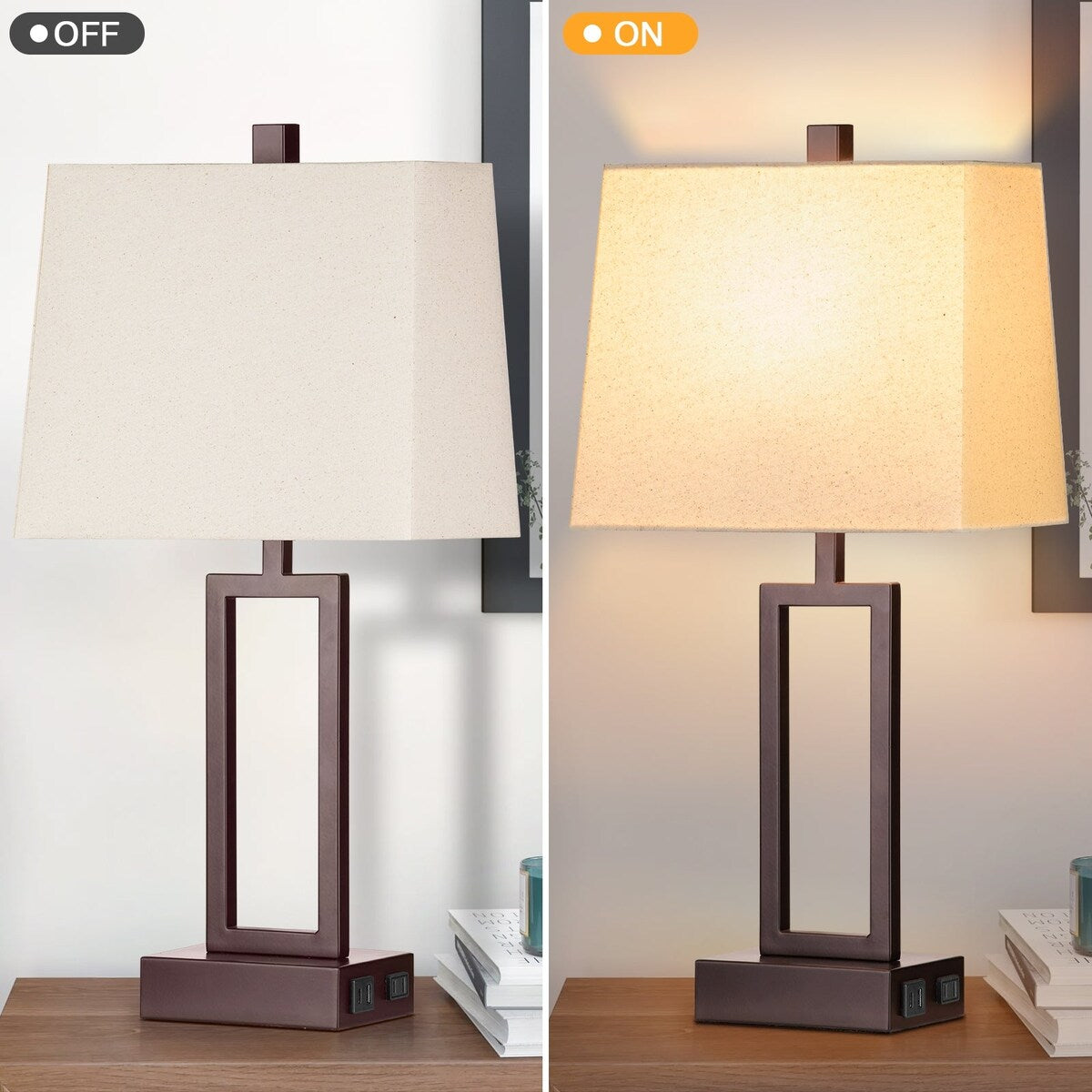 Lampes de table en métal marron mat, abat-jour beige, avec ports de charge USB Type-C, prise secteur, interrupteur tactile à 3 voies (lot de 2)