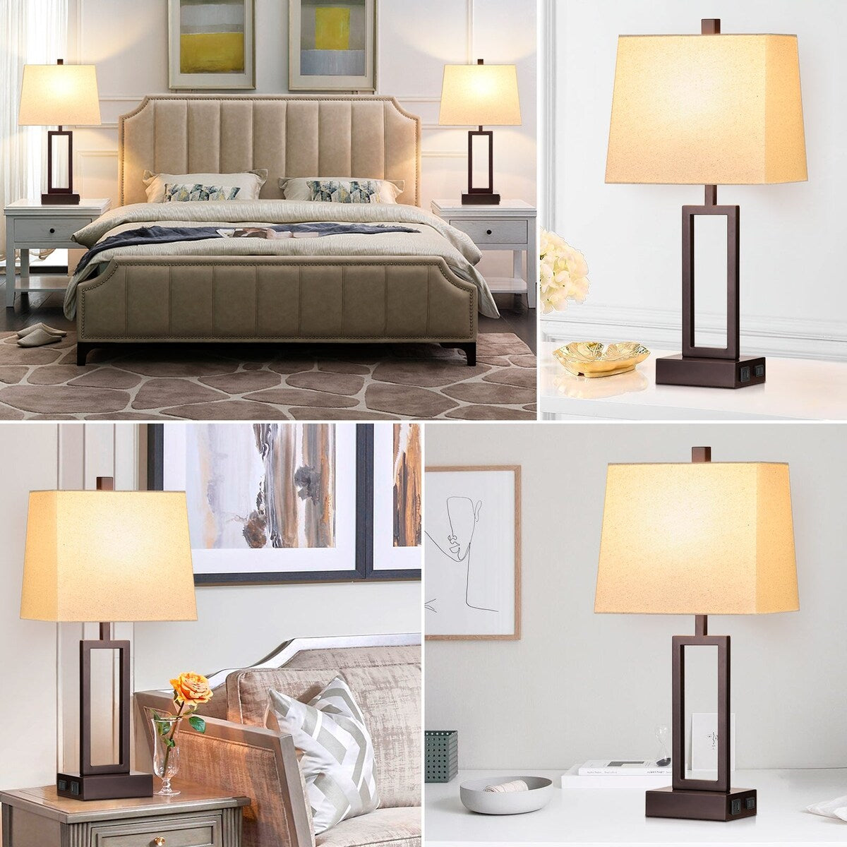 Lampes de table en métal marron mat, abat-jour beige, avec ports de charge USB Type-C, prise secteur, interrupteur tactile à 3 voies (lot de 2)