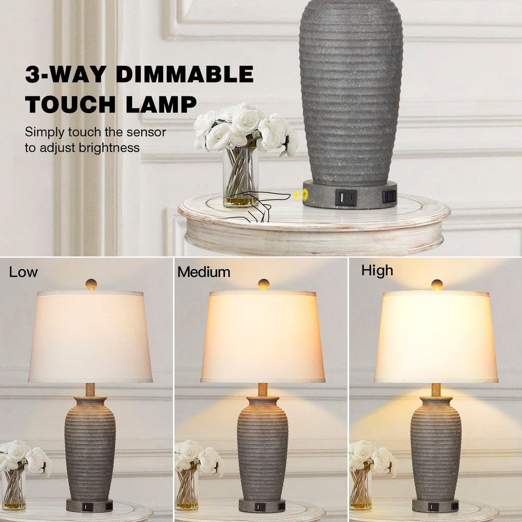 Lampes de table en résine grise avec variateur tactile à 3 positions, port de charge USB et prise secteur (lot de 2)