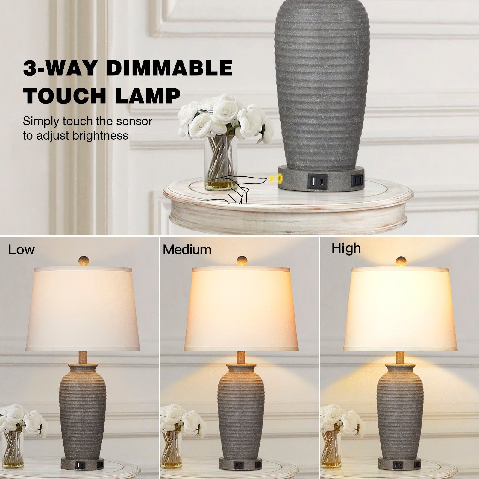 Lampes de table en résine grise avec variateur tactile à 3 positions, port de charge USB et prise secteur (lot de 2)