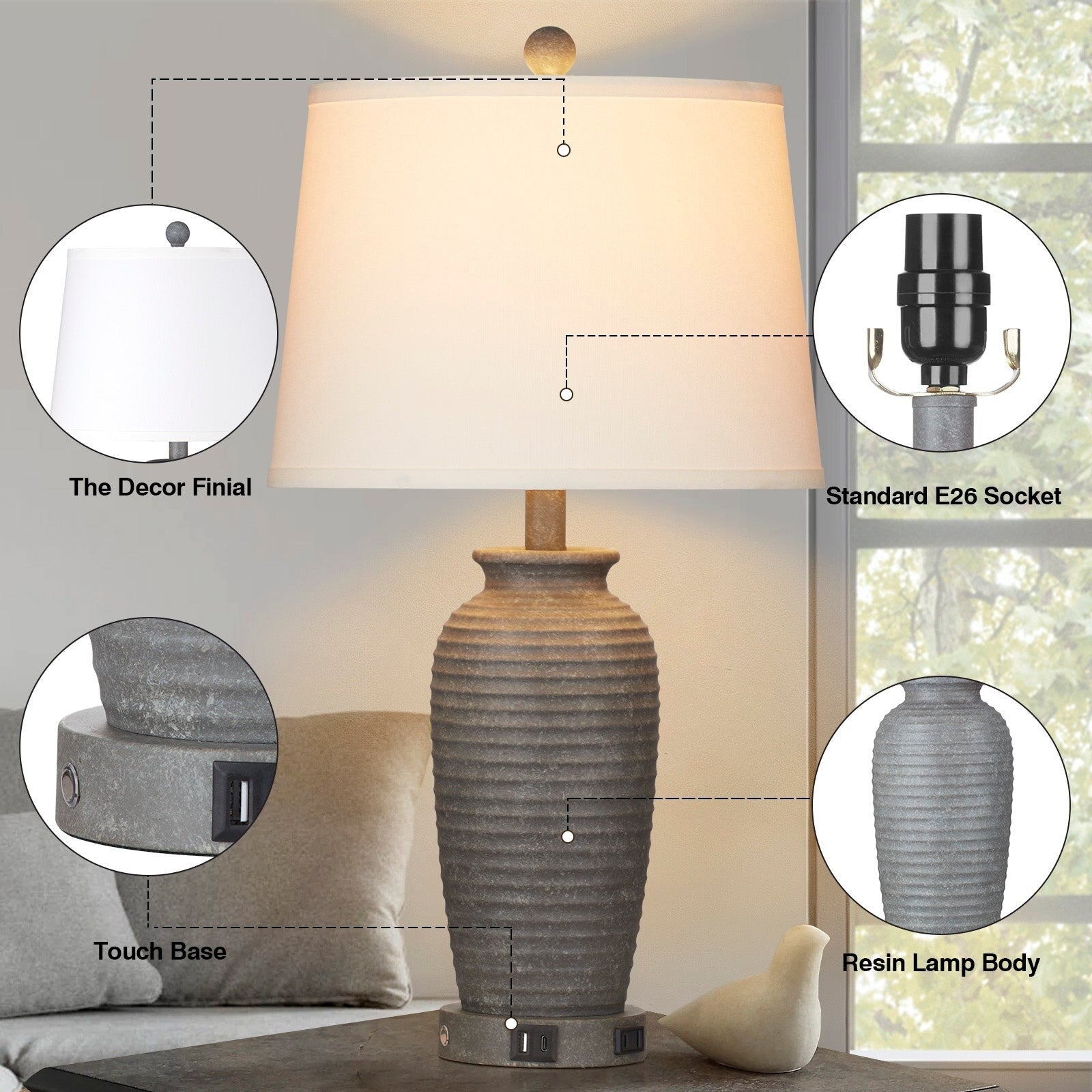 Lampes de table en résine grise avec variateur tactile à 3 positions, port de charge USB et prise secteur (lot de 2)