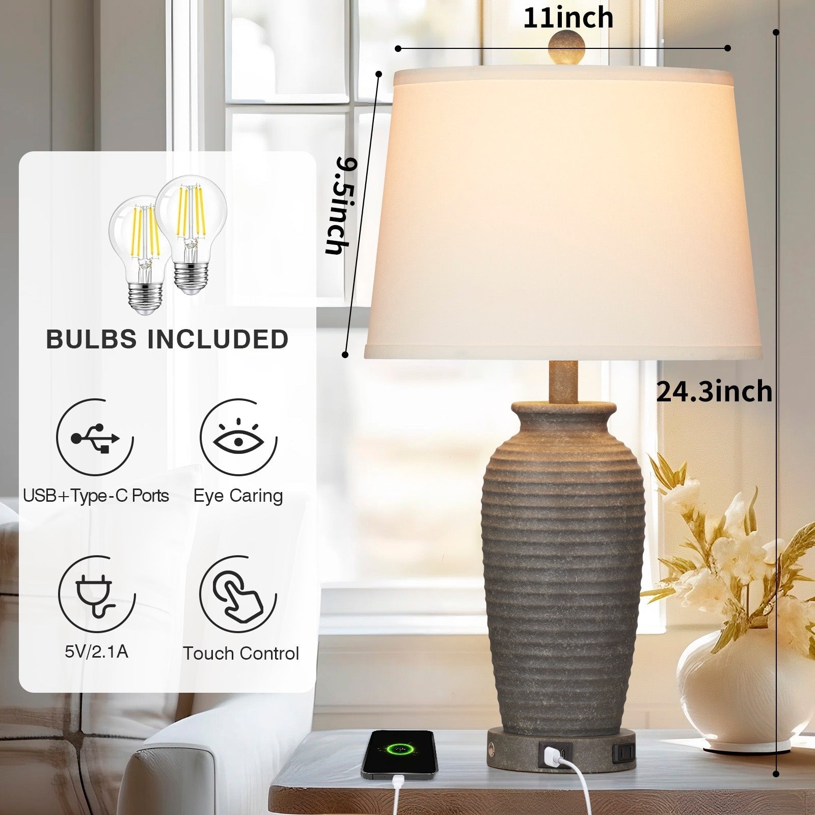 Lampes de table en résine grise avec variateur tactile à 3 positions, port de charge USB et prise secteur (lot de 2)