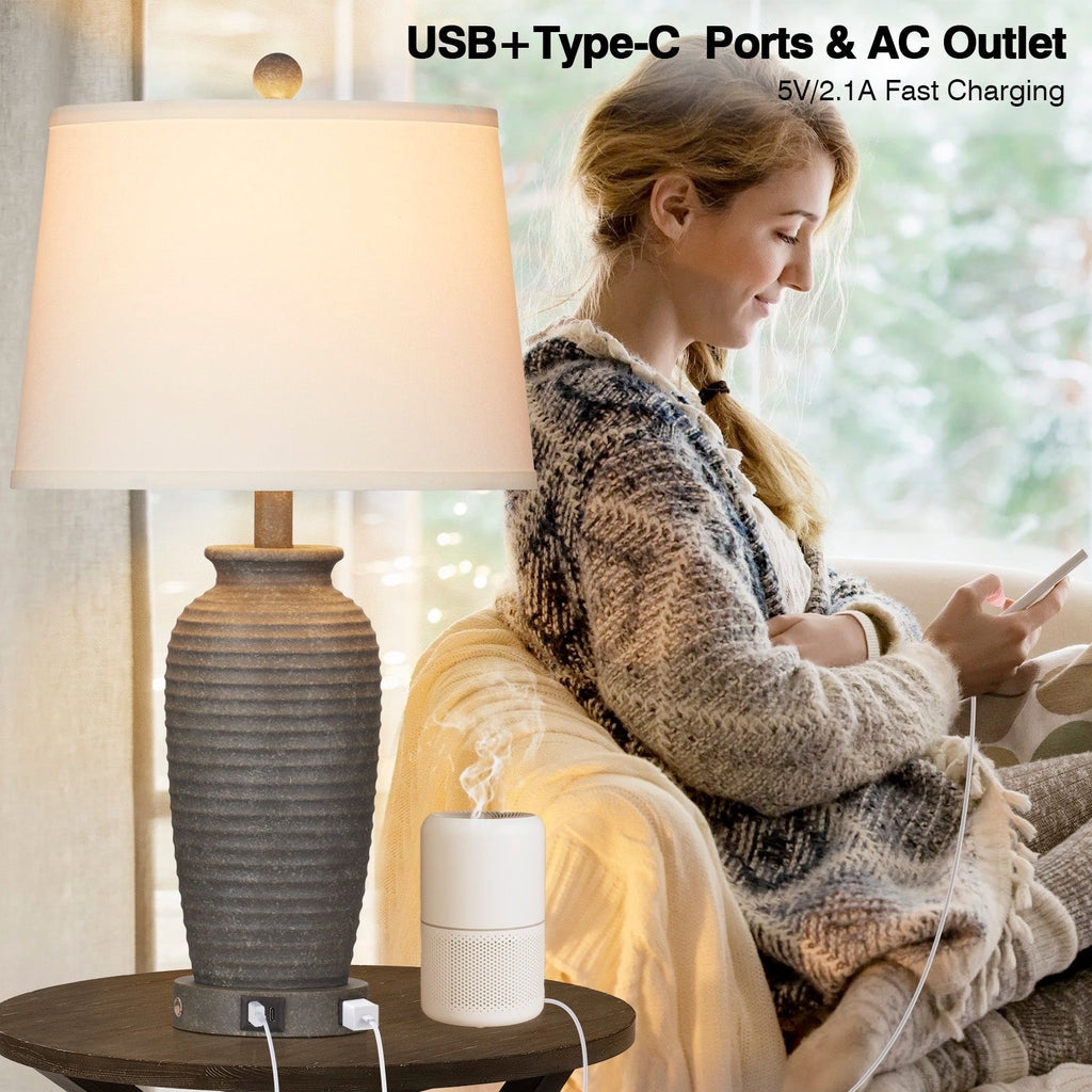 Lampes de table en résine grise avec variateur tactile à 3 positions, port de charge USB et prise secteur (lot de 2)