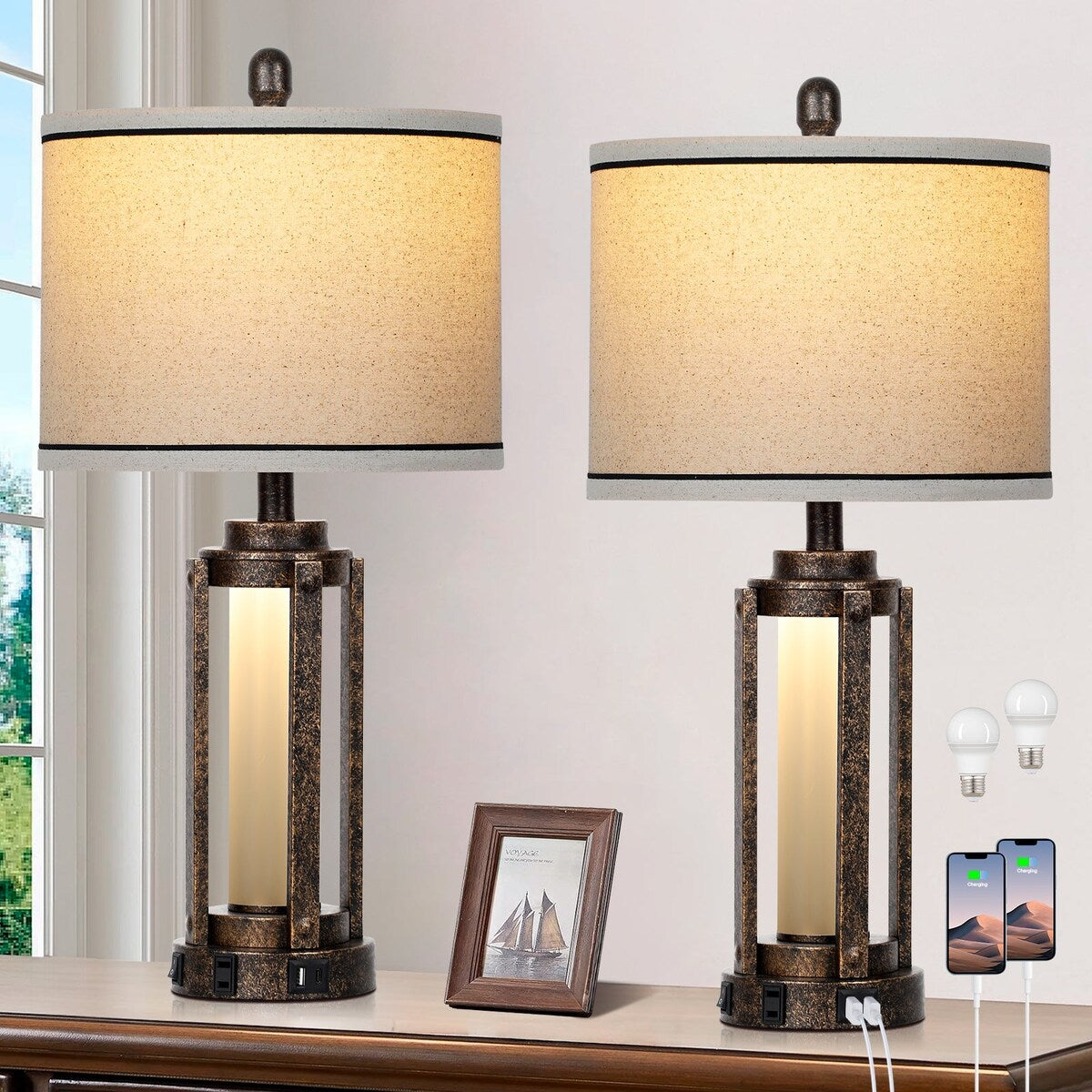 Lampes de table cylindriques romaines en métal noir doré mat, lot de 2, 30,5 x 30,5 x 63,5 cm (L x l x H)