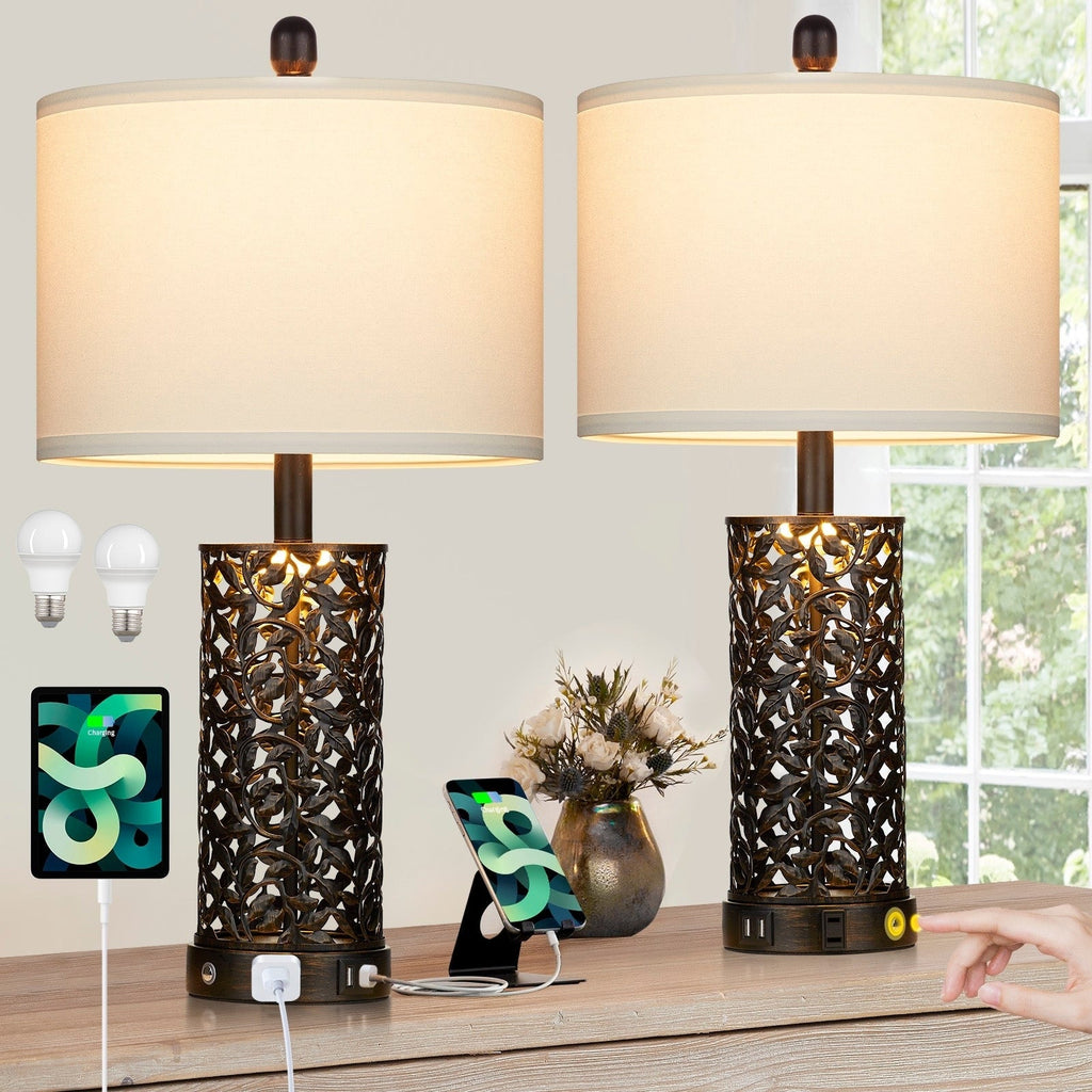 Lampes de table noires et dorées en métal, veilleuse 2 en 1, ports USB, prise secteur, interrupteur tactile (lot de 2)