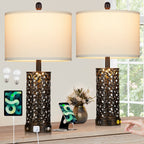 Lampes de table noires et dorées en métal, veilleuse 2 en 1, ports USB, prise secteur, interrupteur tactile (lot de 2)