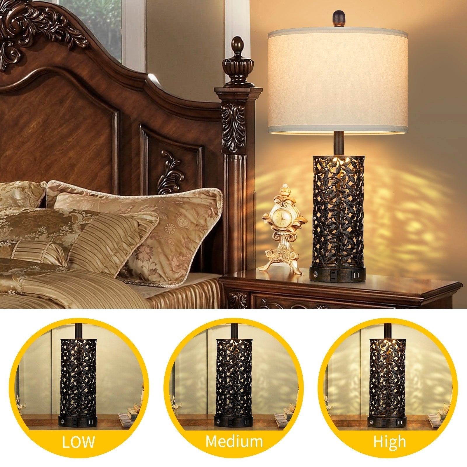 Lampes de table noires et dorées en métal, veilleuse 2 en 1, ports USB, prise secteur, interrupteur tactile (lot de 2)