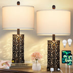 Lampes de table noires et dorées en métal, veilleuse 2 en 1, ports USB, prise secteur, interrupteur tactile (lot de 2)