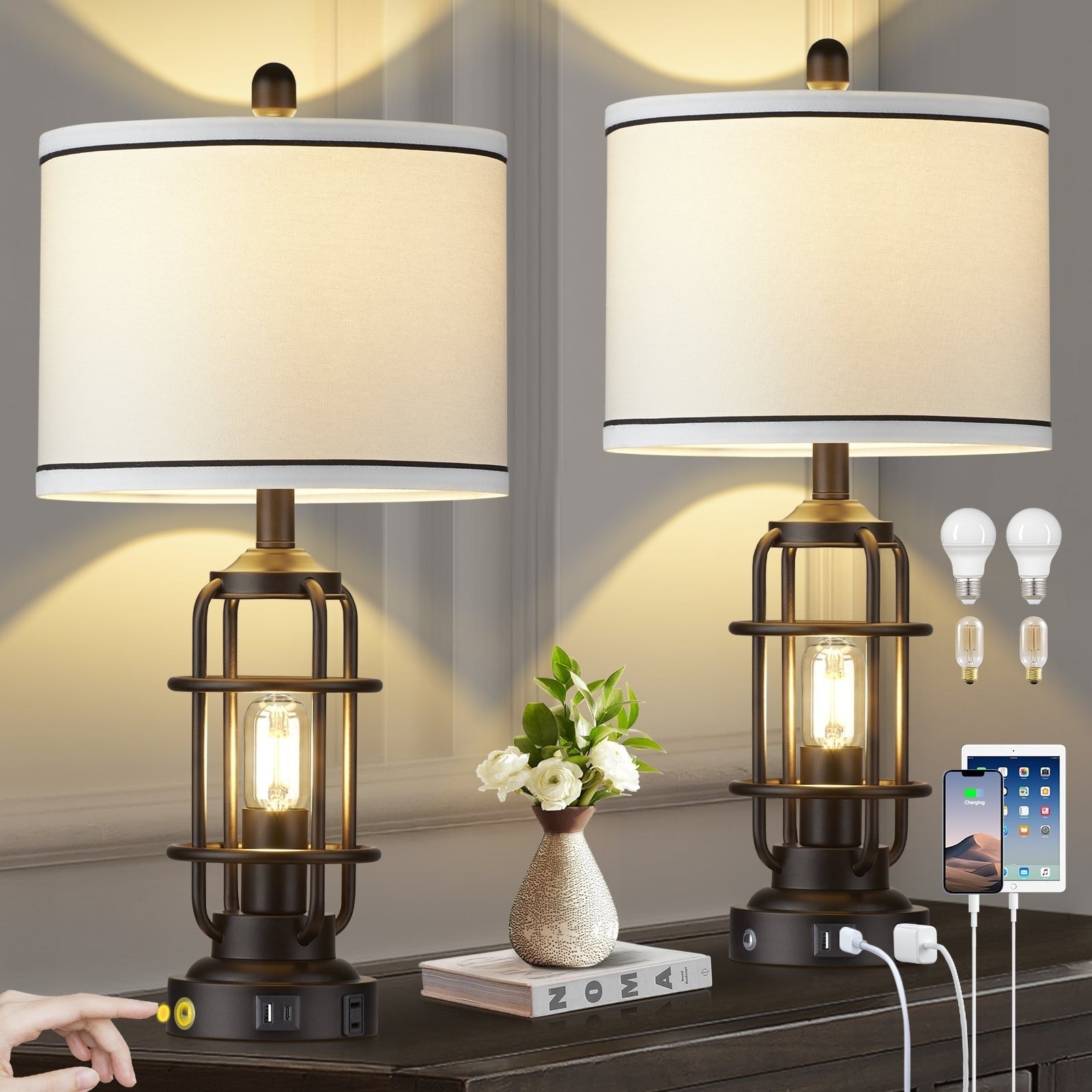 Lampe de table en métal noir, veilleuse 2 en 1, abat-jour tambour démontable, interrupteur rotatif indépendant et variateur tactile (lot de 2)