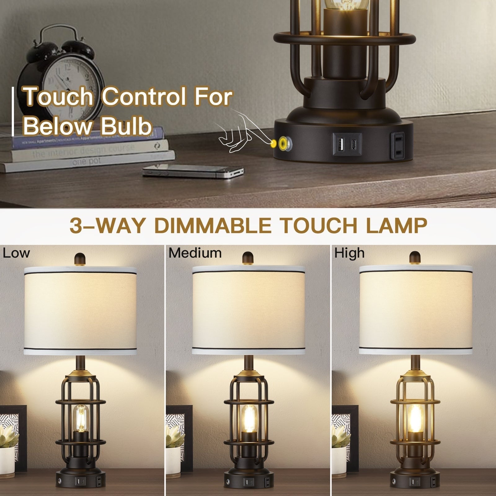 Lampe de table en métal noir, veilleuse 2 en 1, abat-jour tambour démontable, interrupteur rotatif indépendant et variateur tactile (lot de 2)