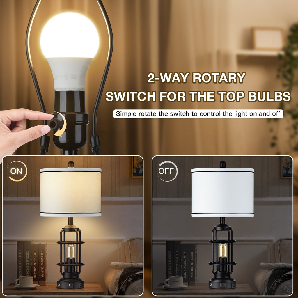 Lampe de table en métal noir, veilleuse 2 en 1, abat-jour tambour démontable, interrupteur rotatif indépendant et variateur tactile (lot de 2)