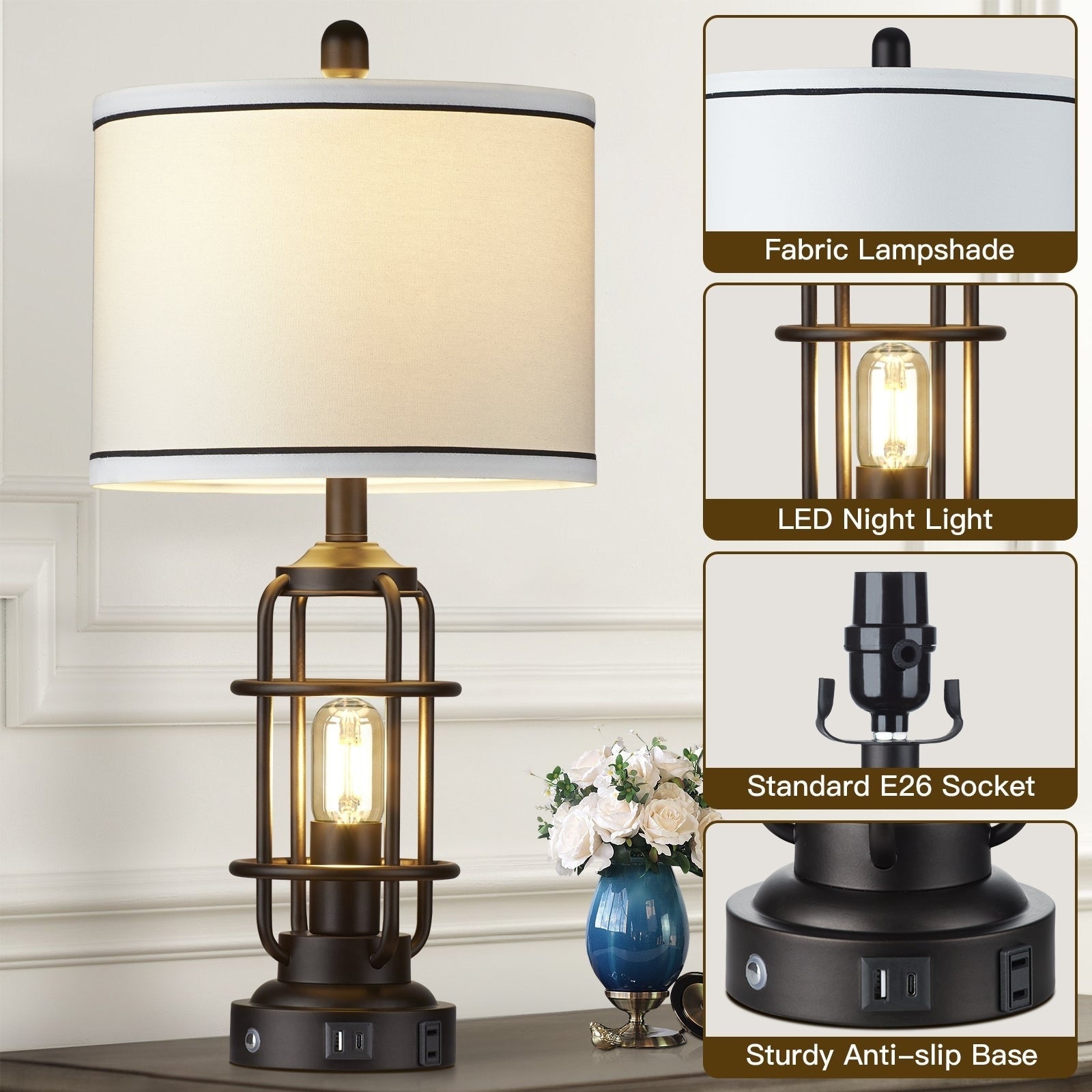 Lampe de table en métal noir, veilleuse 2 en 1, abat-jour tambour démontable, interrupteur rotatif indépendant et variateur tactile (lot de 2)