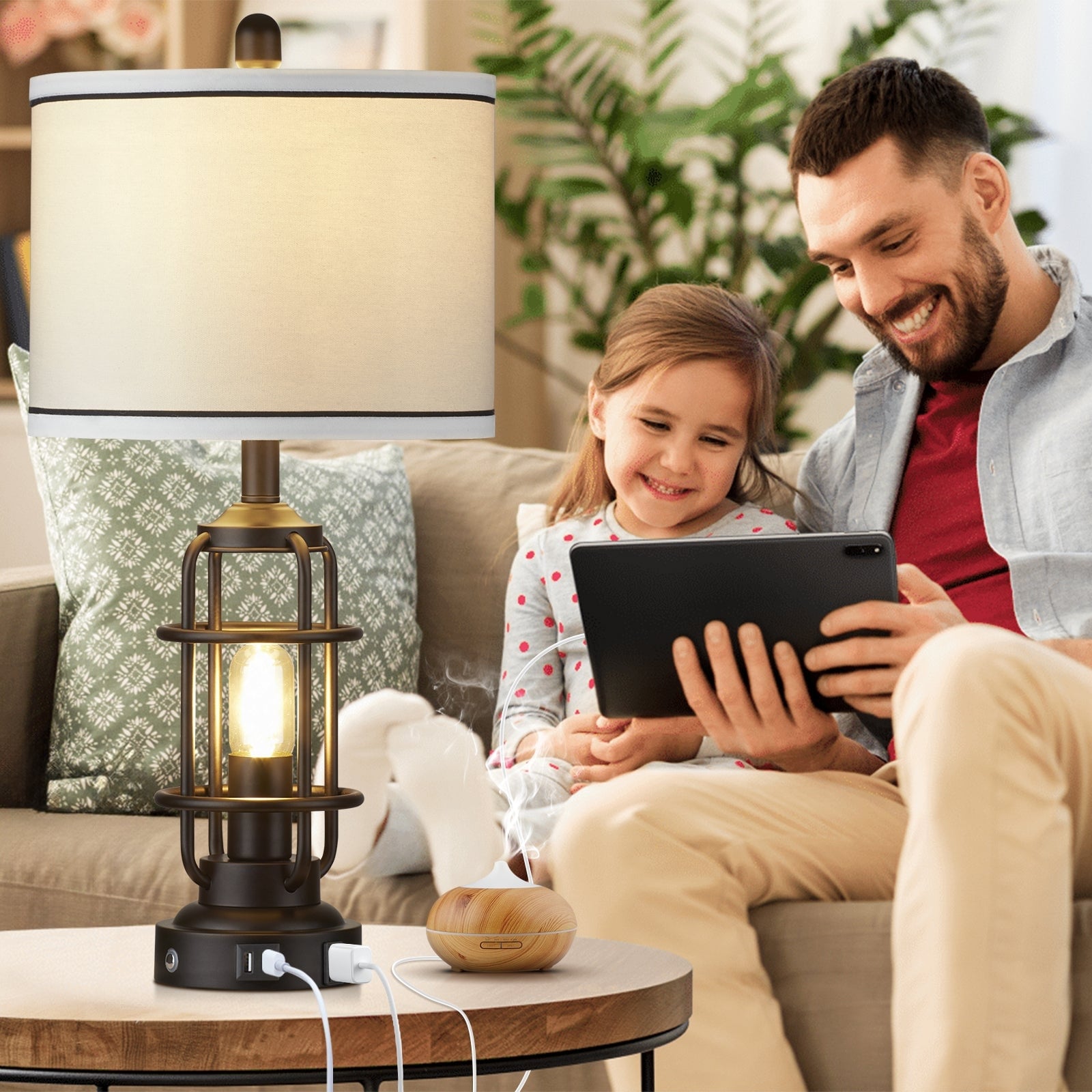 Lampe de table en métal noir, veilleuse 2 en 1, abat-jour tambour démontable, interrupteur rotatif indépendant et variateur tactile (lot de 2)